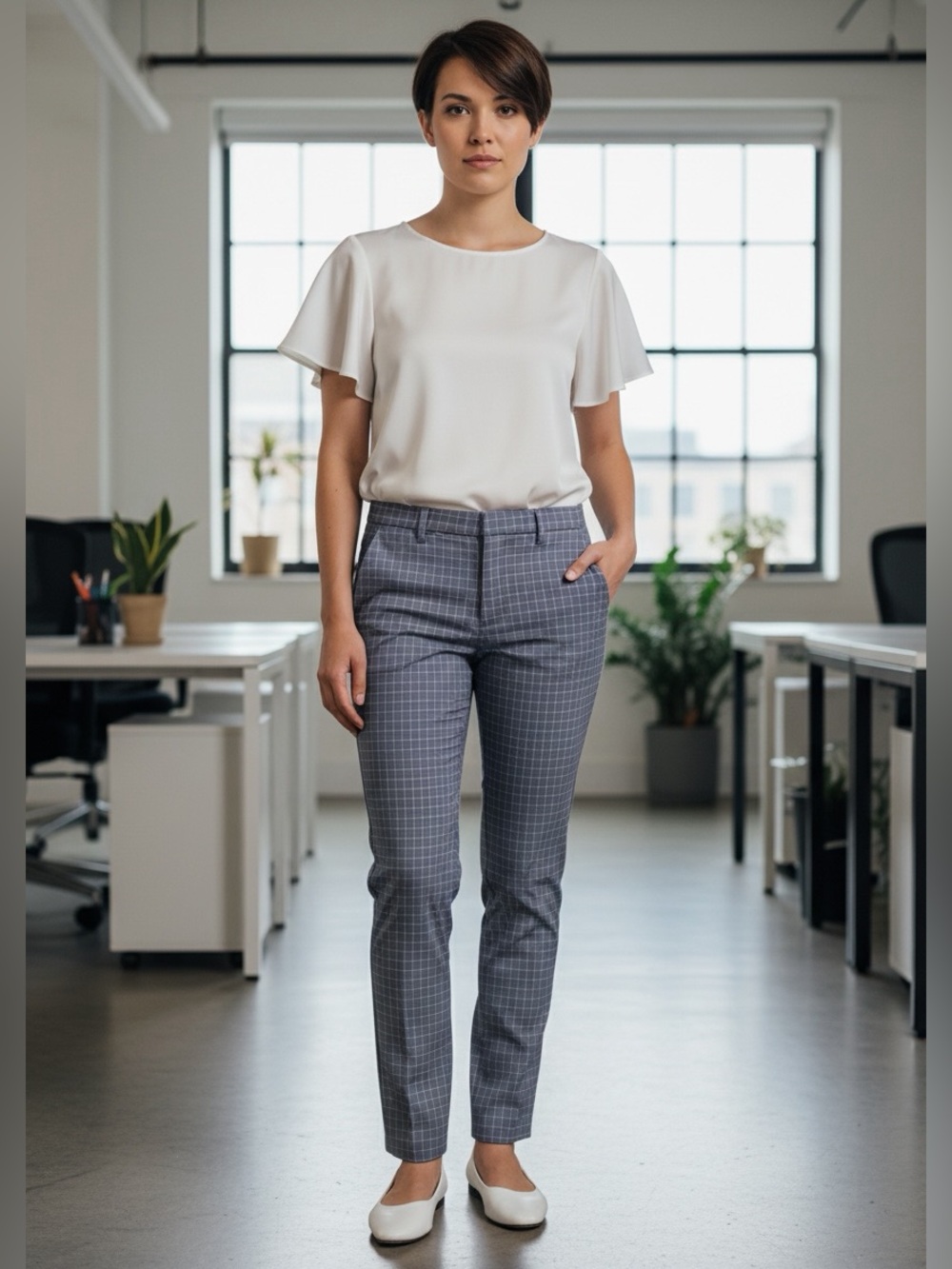 DENIM CO Gray Windowpane Grid Stretch Slim Pants